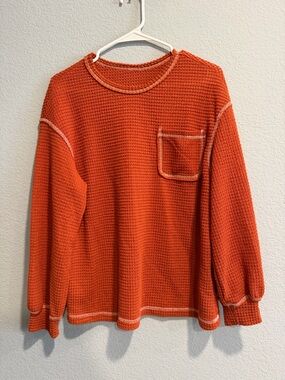 SHEIN Orange Waffle Knit Pocket Sweatshirt